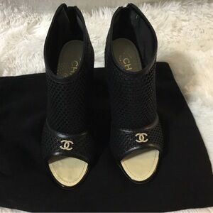 CHANEL Black Mesh Peep-Toe Booties
